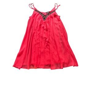 Y2K Express- hot pink- flowy a line mini dress- beaded neck adjustable straps